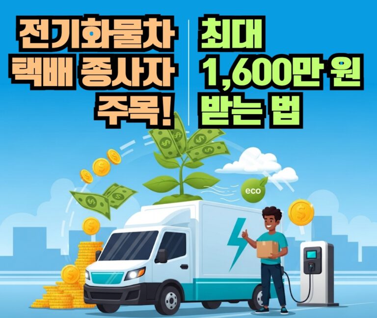 2025년 전기화물차(전기 택배차) 구매 및 폐차 지원금 정책을 상징하는 일러스트. 택배 기사가 전기 화물차와 함께 경제적, 친환경적 혜택을 누리는 모습.