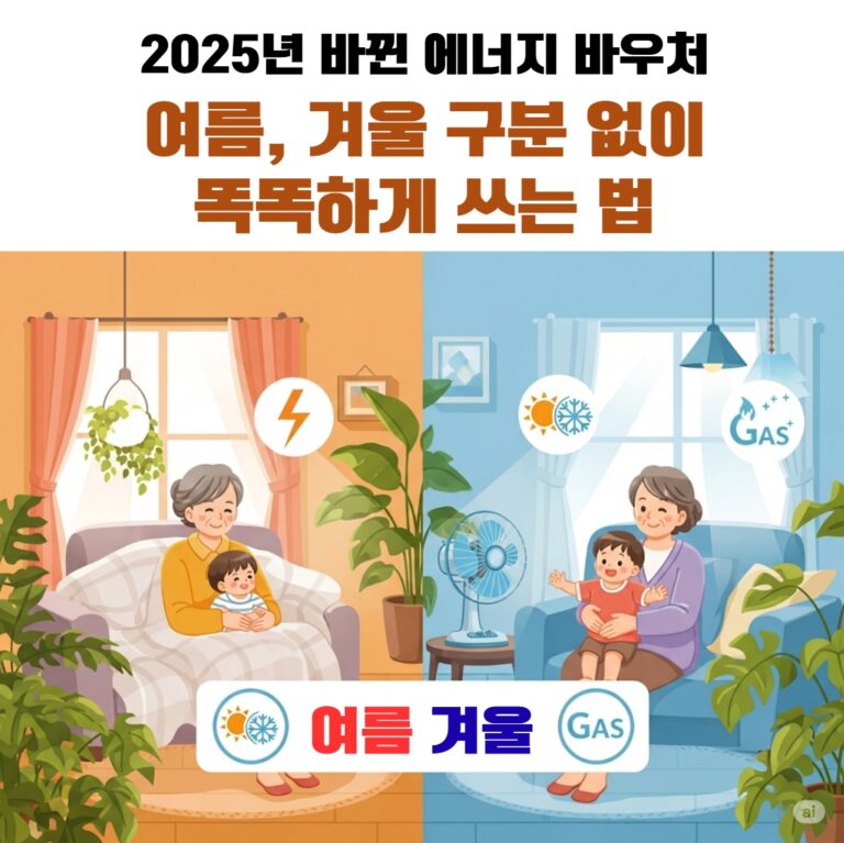 2025년 통합된 에너지 바우처 제도를 상징하는 일러스트. 한 가족이 여름에는 시원하게, 겨울에는 따뜻하게 지내며 에너지 비용 부담을 덜어내는 모습