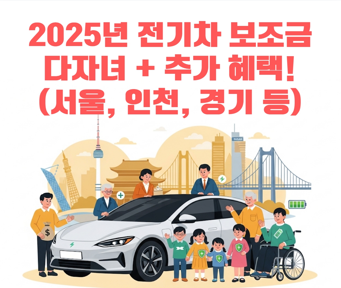 2025년 전기차 보조금 지역별 및 계층별 추가 지원 혜택을 시각적으로 나타낸 일러스트. 다양한 사회 계층이 전기차와 함께 추가 보조금을 받는 모습.