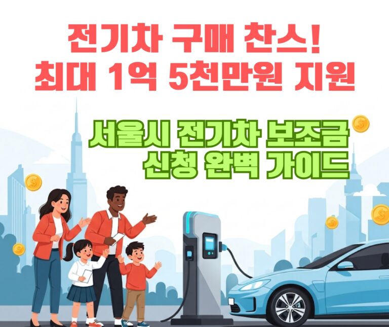 2025년 서울시 전기차 보조금 신청 시작을 알리는 일러스트. 전기차와 함께 경제적 혜택, 환경 보호, 미래 이동성을 상징하는 역동적인 모습.