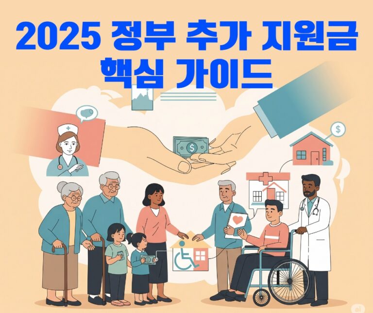 2025년 정부의 취약계층 추가 지원금을 받는 다양한 연령대와 상황의 사람들 (노인, 장애인, 한부모 가족)을 상징하는 따뜻한 일러스트. 정부의 손길이 돈, 주거, 의료, 교육 등 다양한 형태로 지원되는 모습을 표현.