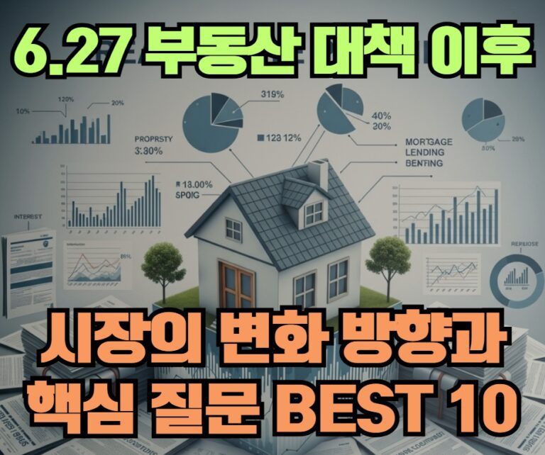 6.27 부동산 대책 이후 주택담보대출 규제, 시장 변화 및 금융 정책을 나타내는 복합 이미지. 주택을 중심으로 그래프, 차트, 규제 문서들이 배치되어 있어 복잡한 부동산 시장과 금융 환경을 시각적으로 표현합니다.