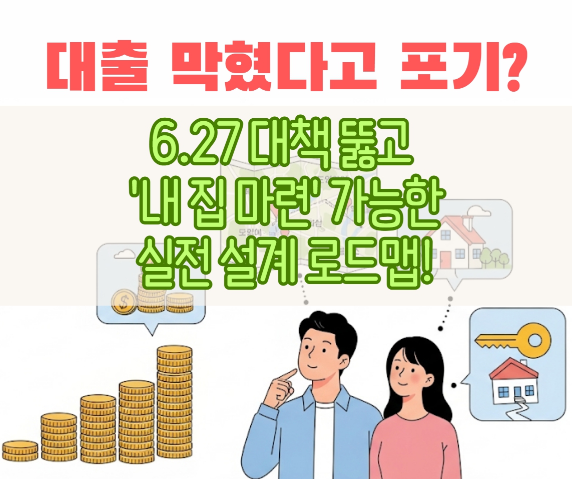 2025년 6월 27일 부동산 대책으로 대출이 제한된 상황에서 내 집 마련을 위한 현실적인 전략을 모색하는 일러스트. 고민하는 한국인 부부와 상승하는 코인, 지도, 열쇠와 집 이미지가 '내 집 마련'의 다양한 방법을 상징적으로 보여준다.