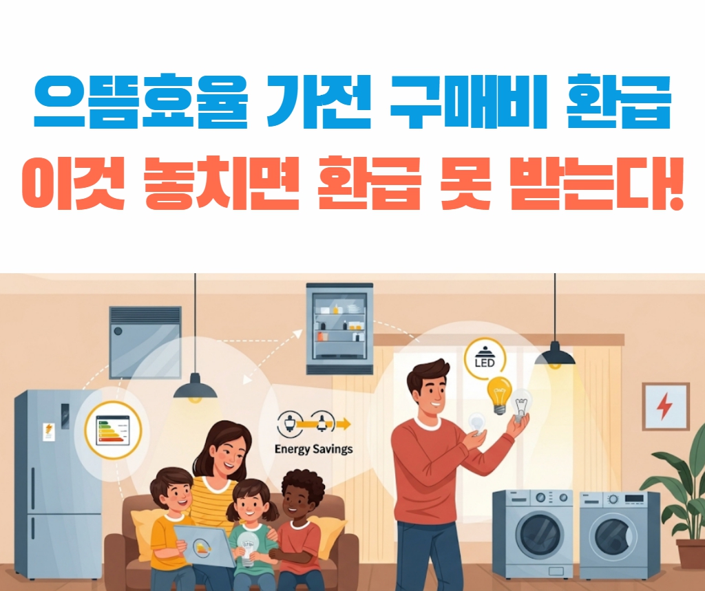 으뜸효율 가전제품 환급사업 안내, 에너지 효율 등급과 환급 혜택을 보여주는 그림