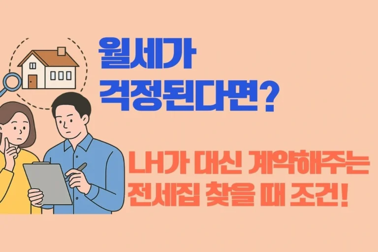 LH 전세임대 조건에 맞는 집을 찾는 청년 부부의 일러스트. 전세 가능 매물을 확인하는 모습과 전세집 상징 아이콘 포함.