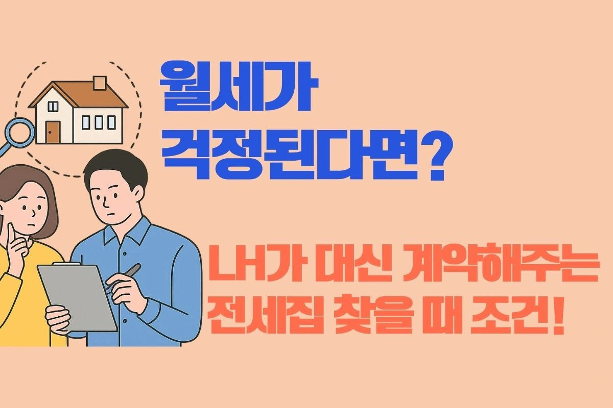 LH 전세임대 조건에 맞는 집을 찾는 청년 부부의 일러스트. 전세 가능 매물을 확인하는 모습과 전세집 상징 아이콘 포함.
