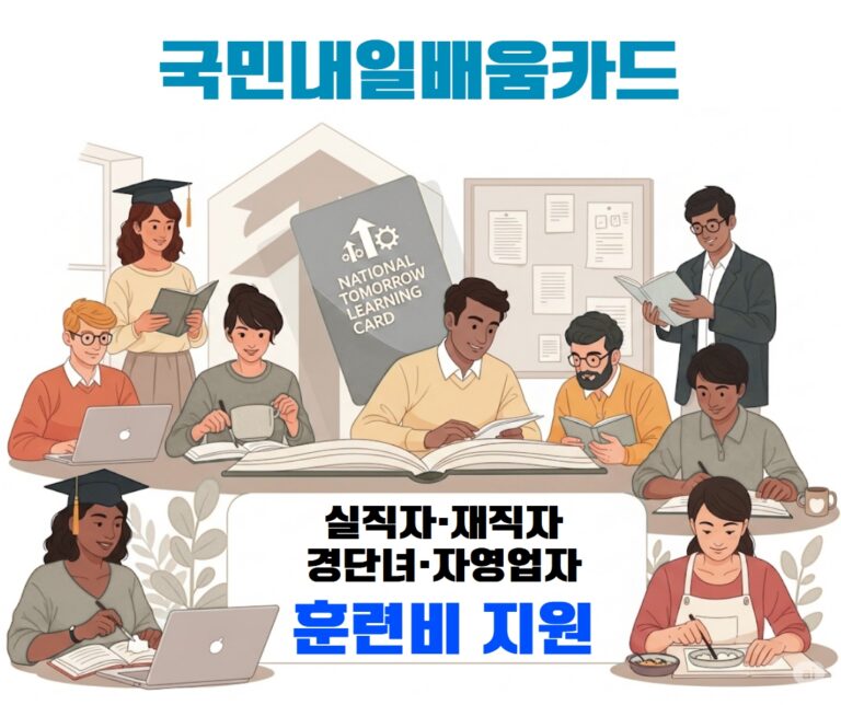 국민내일배움카드 지원을 통해 새로운 기술을 배우고 재취업을 준비하는 다양한 연령대의 사람들. 희망찬 미래와 직업 역량 강화를 상징하는 일러스트.
