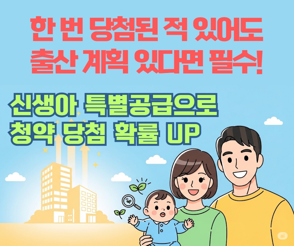 신생아 특별공급으로 청약 당첨 확률을 높이는 출산 가구. 행복한 부부와 아기가 아파트 건물을 바라보고 있는 모습