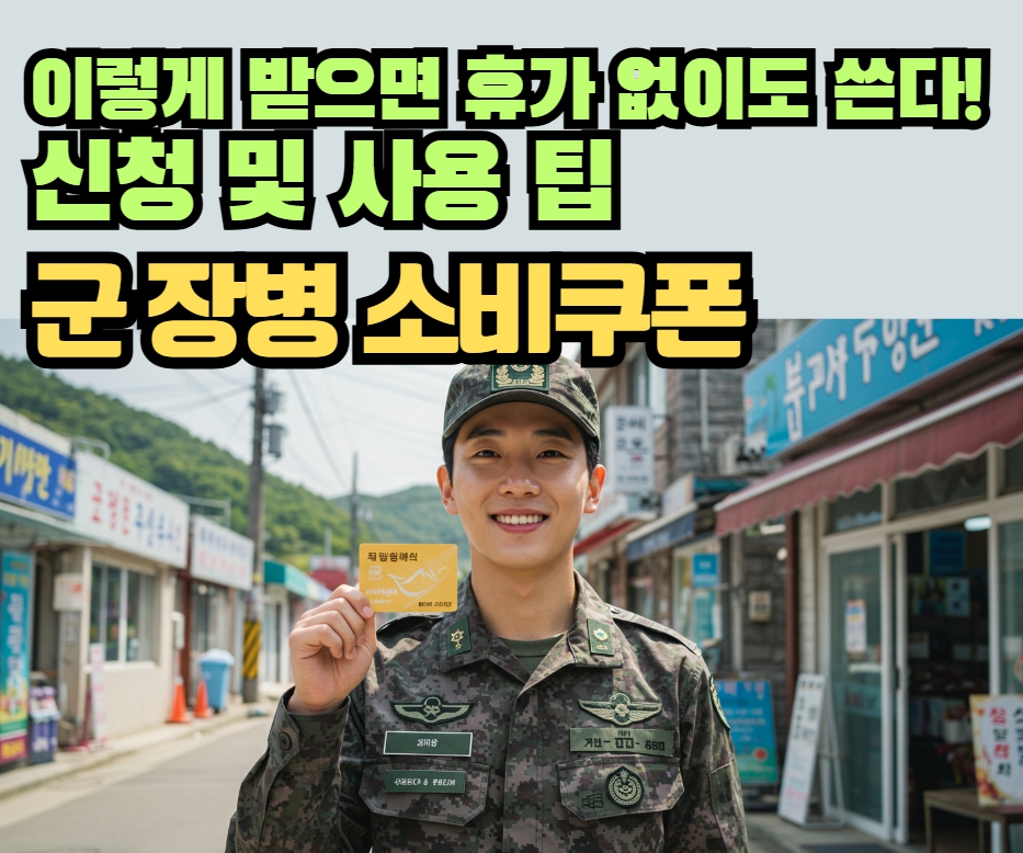 군복을 입은 군 장병이 복무지 마을과 부대 PX를 배경으로 소비쿠폰을 들고 있는 모습
