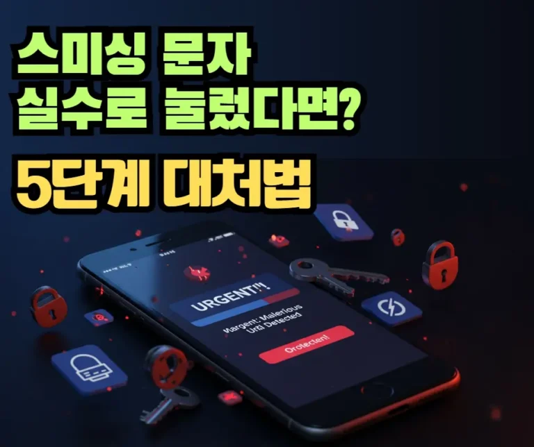 스미싱 경고 알림이 뜬 스마트폰과 사이버 위협을 상징하는 이미지